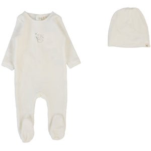 Lilette Winter White/Oat Forest Graphic Velour Stretchie with Beanie