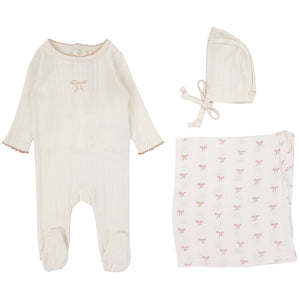 Lilette Cream/Pink Bow Pointelle Graphic Layette Set
