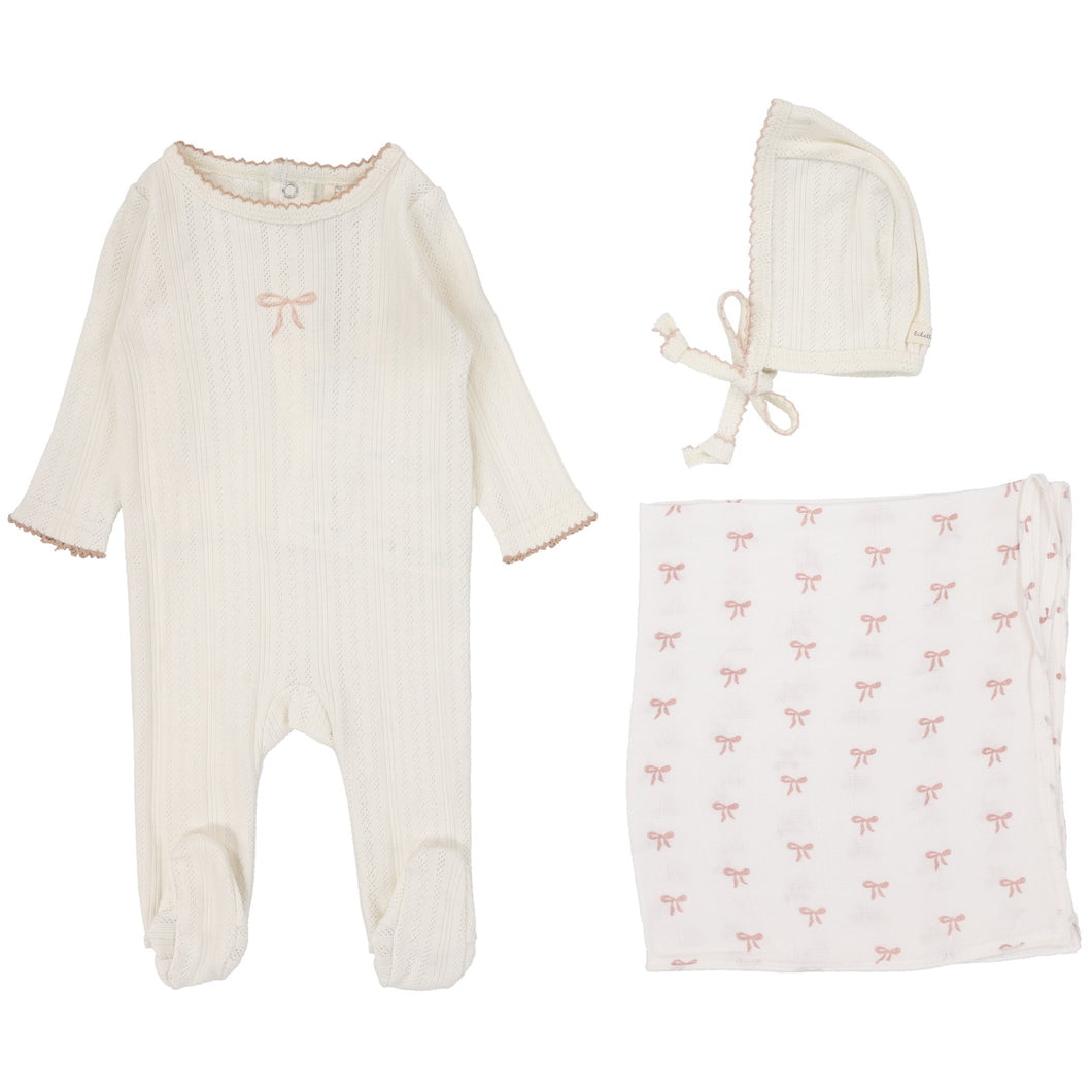 Lilette Cream/Pink Bow Pointelle Graphic Layette Set