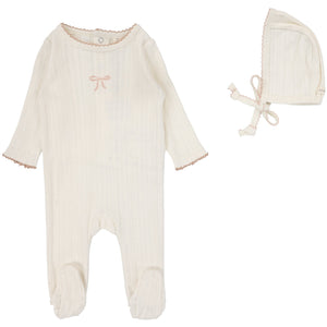 Lilette Cream/Pink Bow Pointelle Graphic Stretchie with Bonnet