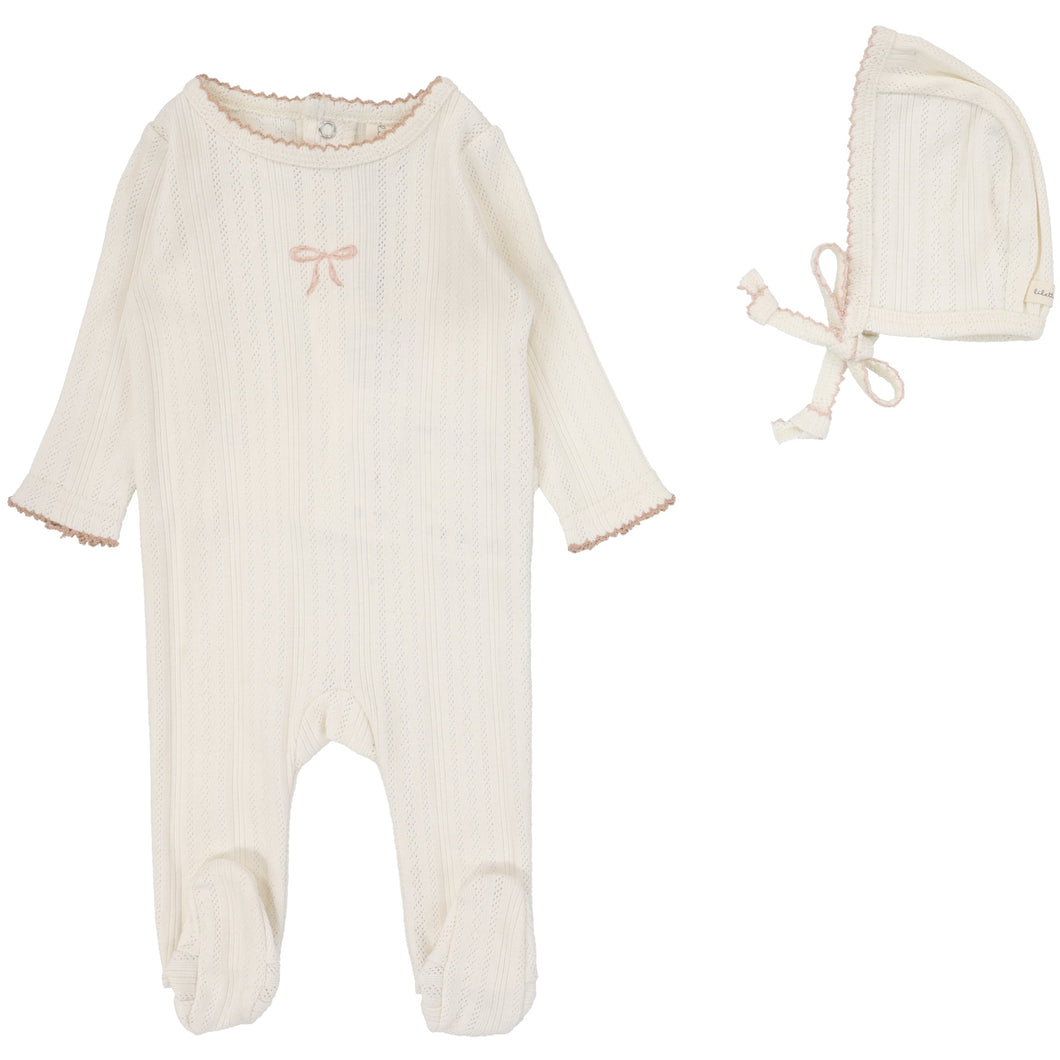 Lilette Cream/Pink Bow Pointelle Graphic Stretchie with Bonnet