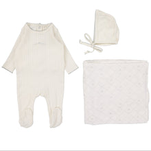 Load image into Gallery viewer, Lilette Cream/Blue Crown Pointelle Graphic Layette Set
