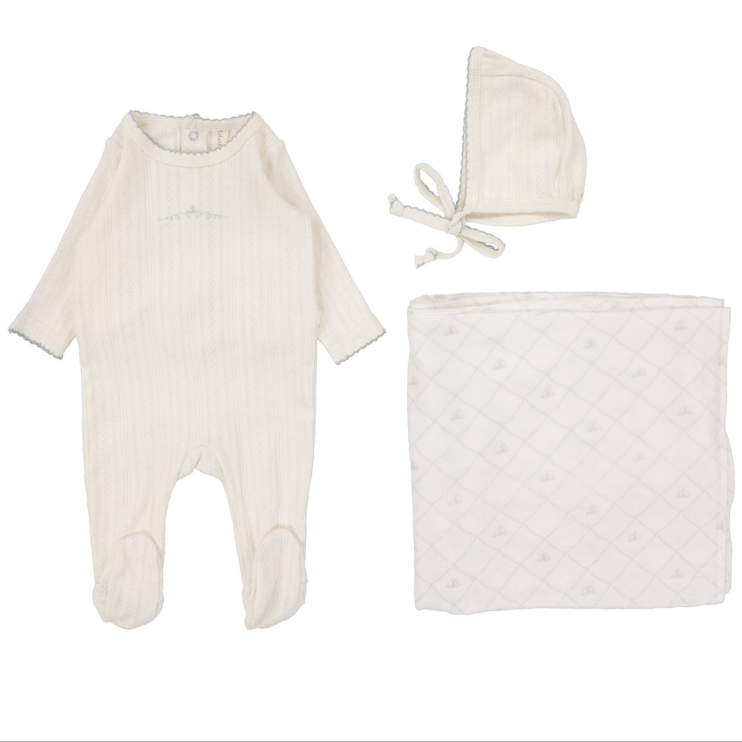 Lilette Cream/Blue Crown Pointelle Graphic Layette Set
