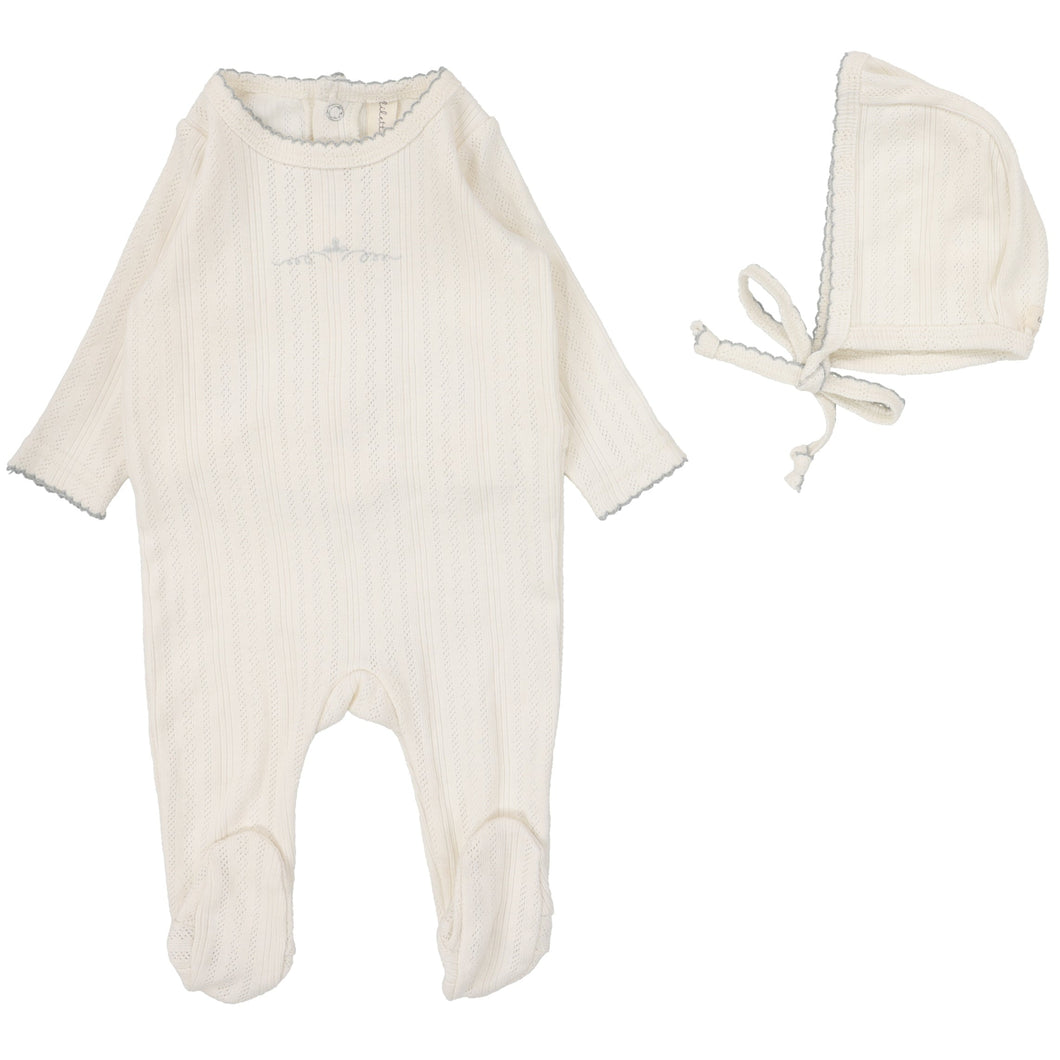 Lilette Cream/Blue Crown Pointelle Graphic Stretchie with Bonnet