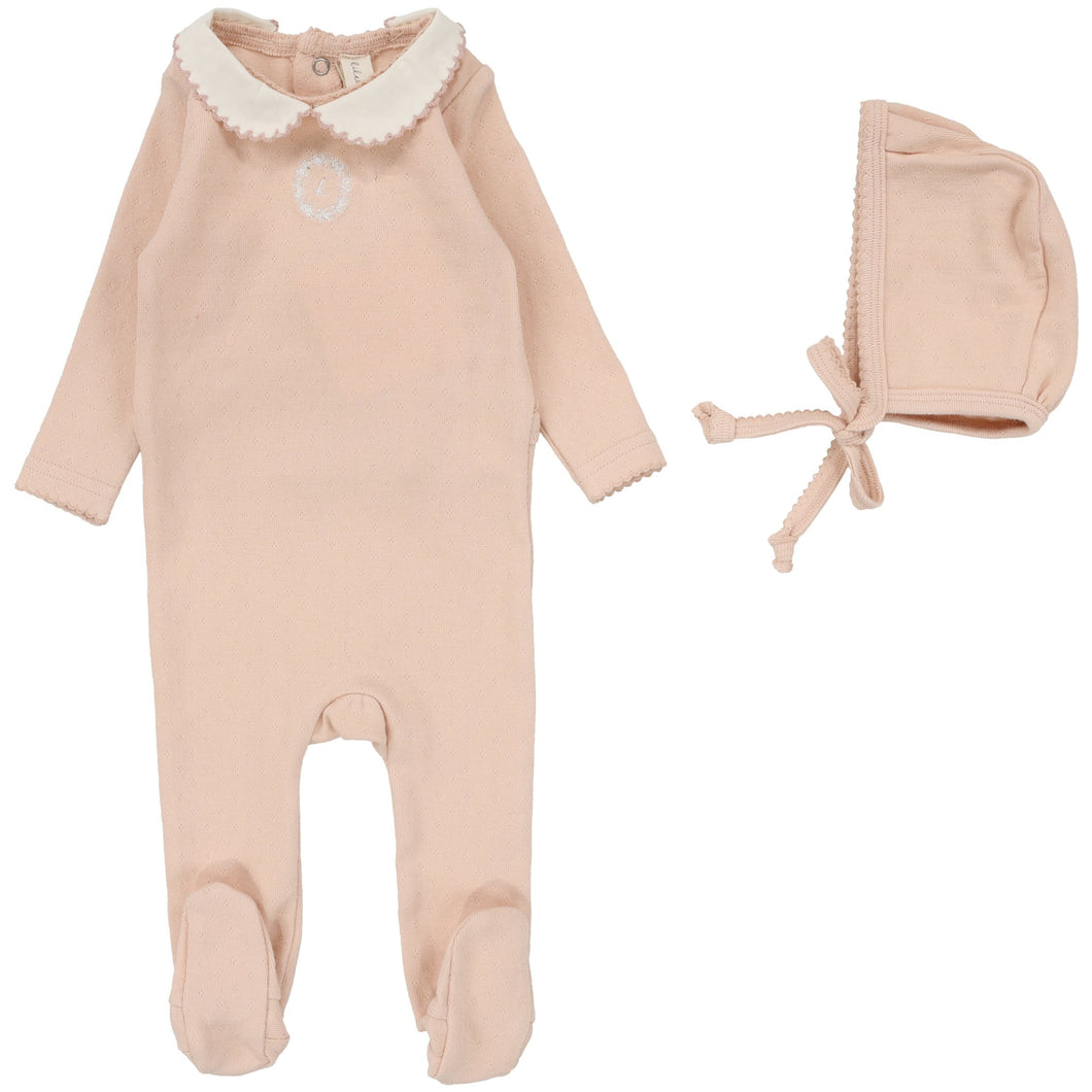 Lilette Dusty Pink Emblem Embroidered Stretchie with Bonnet