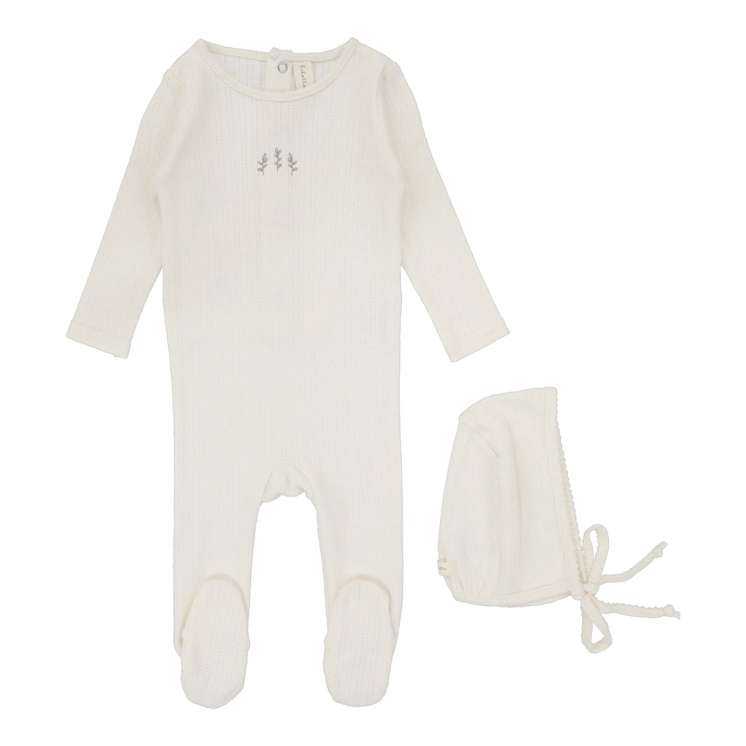 Lilette Cream/Branch Striped Pointelle Stretchie and Bonnet