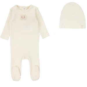 Lilette Cream Pointelle Emblem Stretchie with Beanie