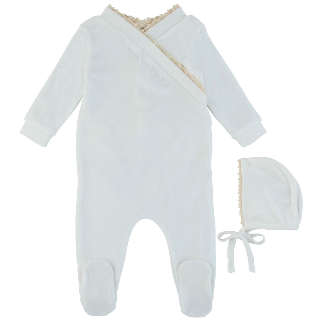 Noggi Ivory Velour Wrap with Lace Trim Collection Stretchie and Bonnet
