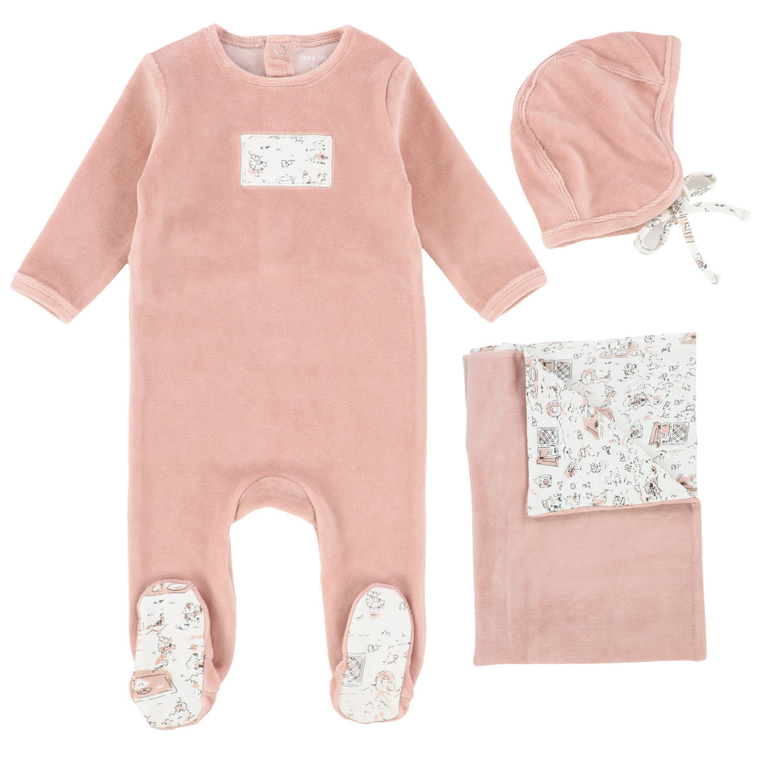 Bee & Dee Petal Pink Tea Party Print Collection Velour Layette Set