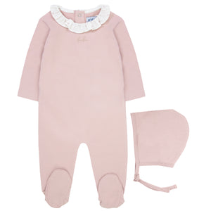 Kipp Baby Pink Bud Ruffle Stretchie and Bonnet