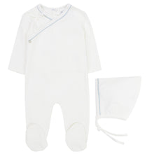 Load image into Gallery viewer, Kipp Baby Blue Dot Wrap Stretchie and Bonnet
