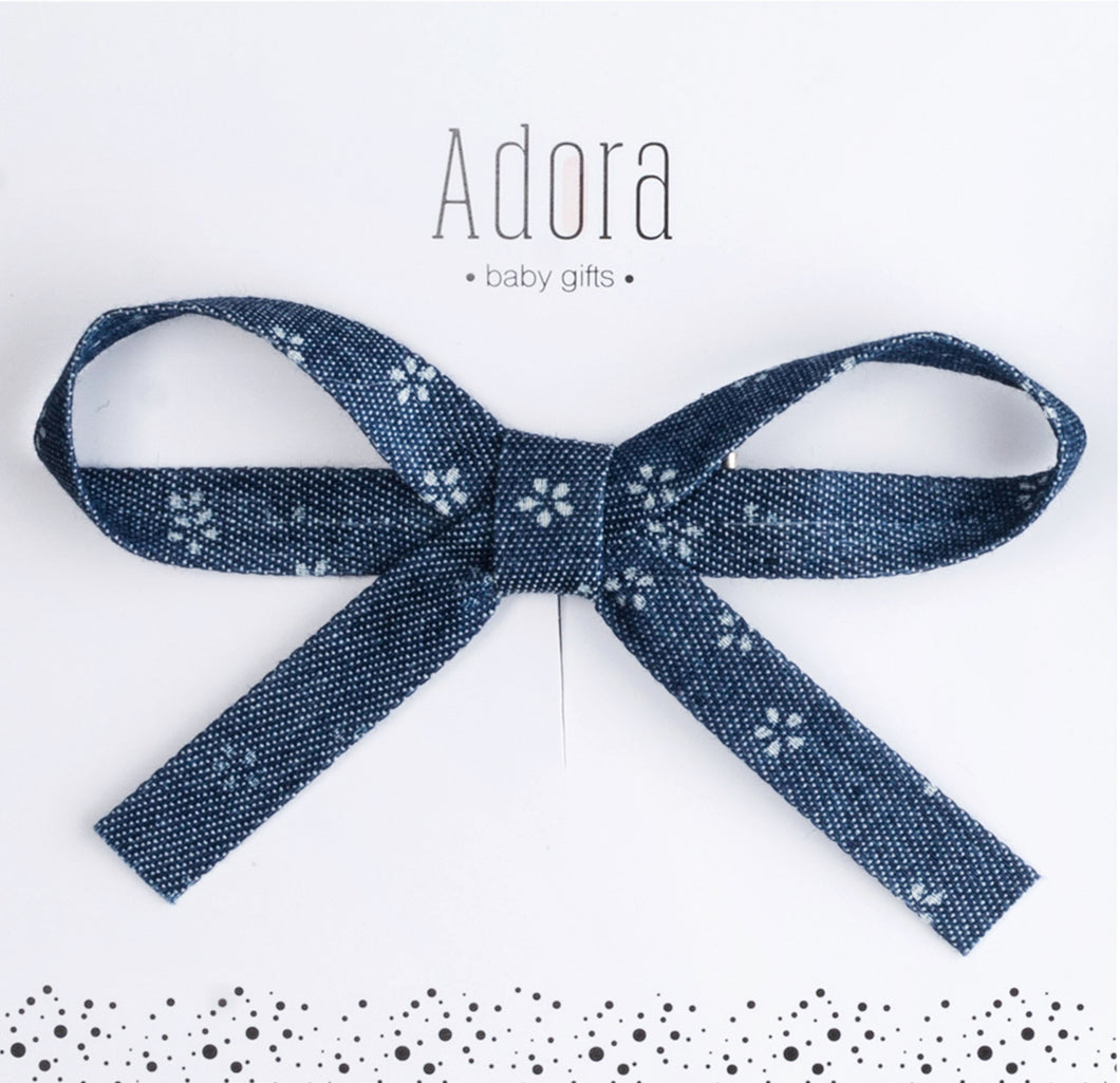 Adora Baby Ribbon Bow Clip- Denim Floral