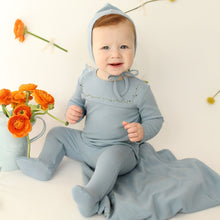 Load image into Gallery viewer, Bee &amp; Dee Sea Blue Embroidered Linen Pointelle Collection Stretchie and Bonnet
