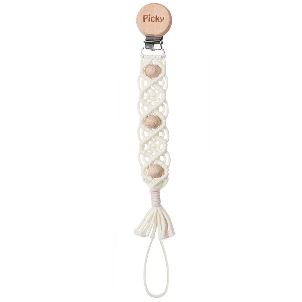 Picky Baby Macrame Paci Clip with Wooden Beads- Pink Trim