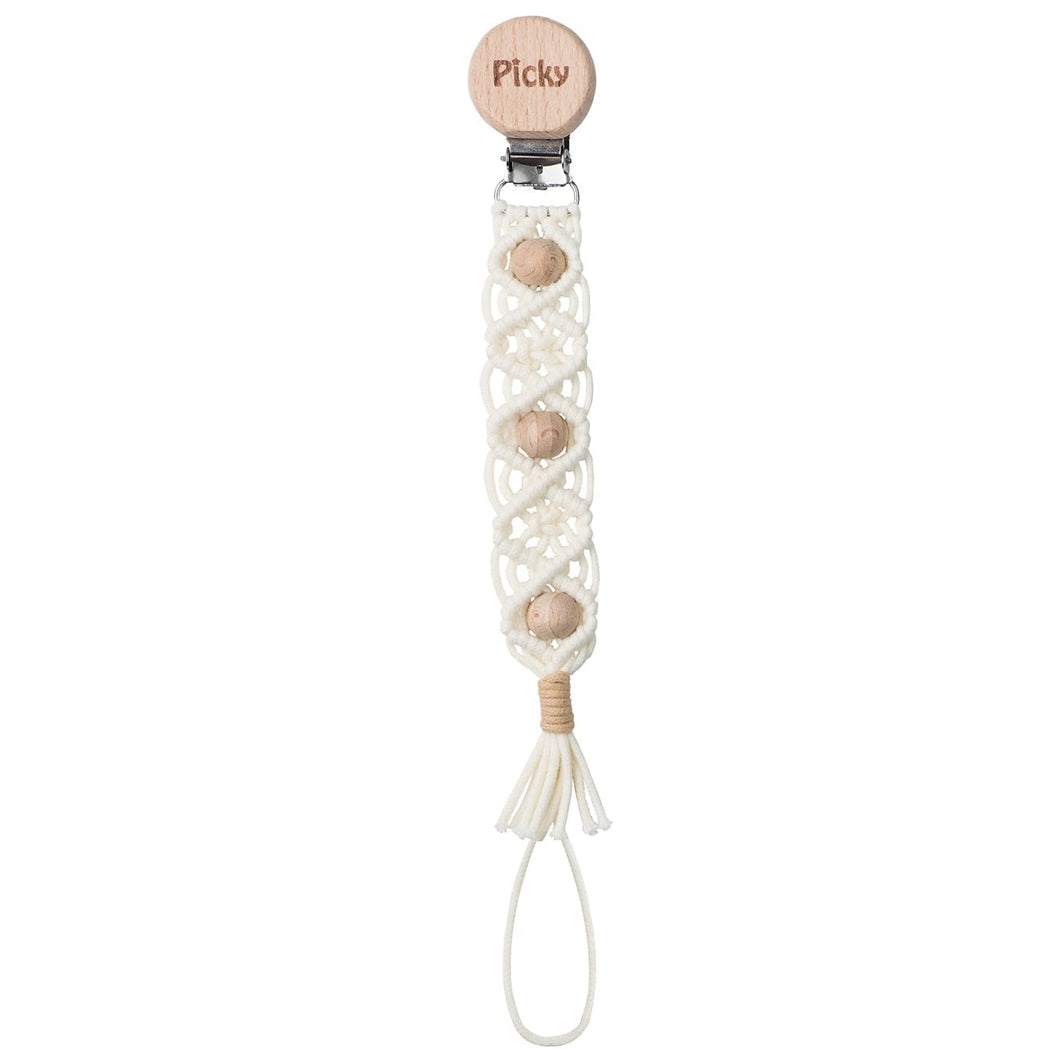 Picky Baby Macrame Paci Clip with Wooden Beads- Beige Trim