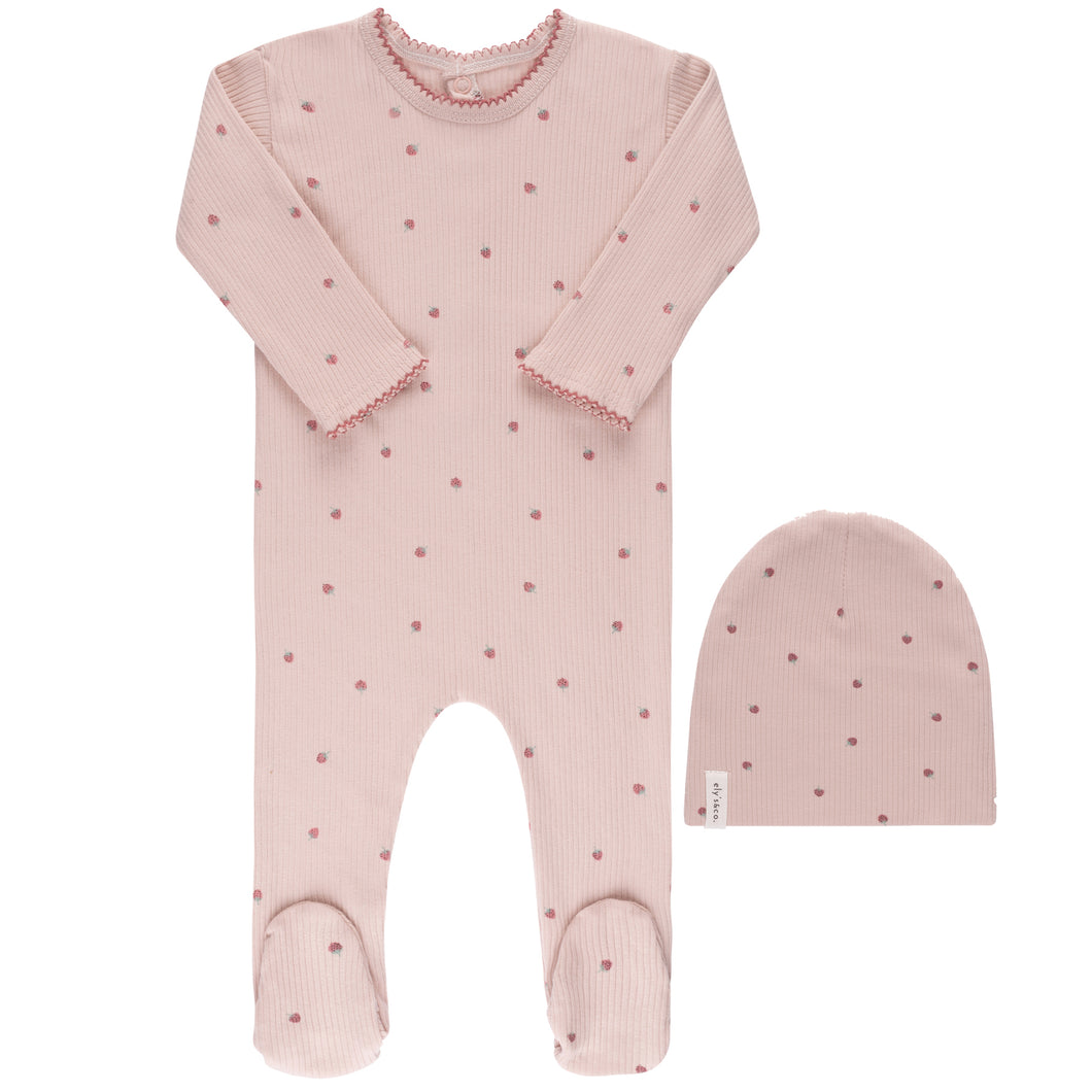 Ely's and Co Pink/Pink Ribbed Cotton Strawberry Collection Stretchie and Beanie