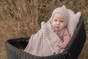 Marled Pink Ribbed Knit Blanket and Bonnet Set
