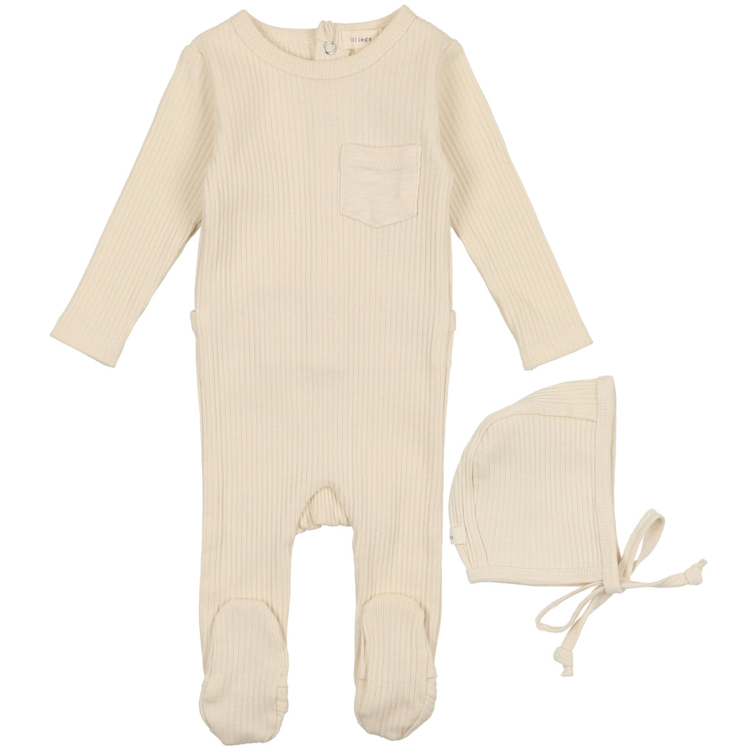 Lil Legs Cream Pocket Ribbed Stretchie and Bonnet