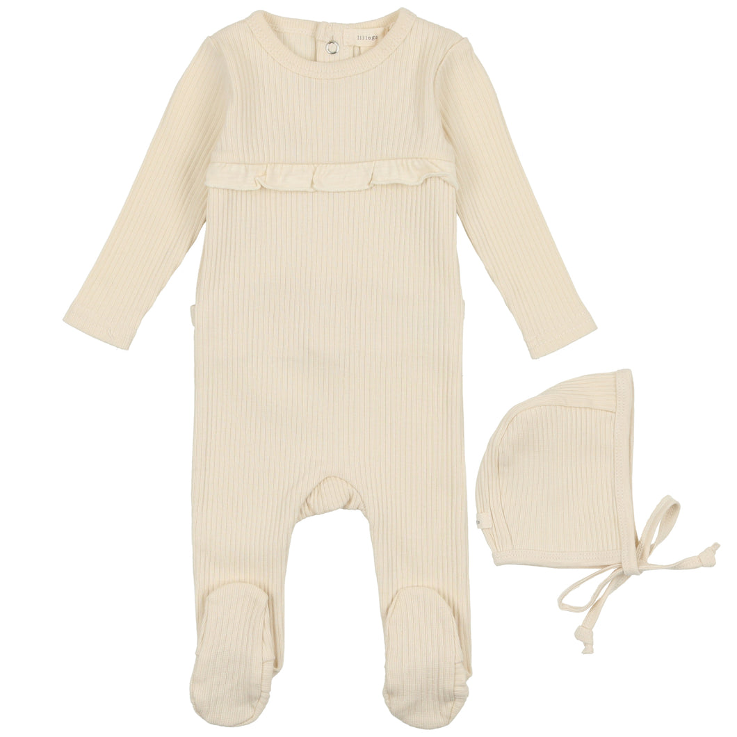Lil Legs Cream Ruffle Ribbed Stretchie and Bonnet