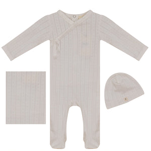 Fragile White Baby Stretchie With Overlap Look Layette Set