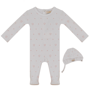 Lux White Baby Dot Heart Printed Stretchie and Bonnet