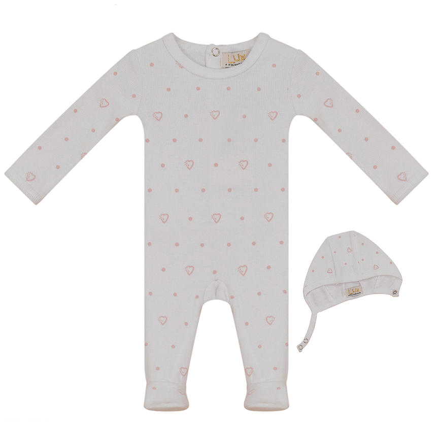 Lux White Baby Dot Heart Printed Stretchie and Bonnet