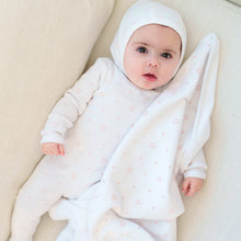 Load image into Gallery viewer, Lux White Baby Dot Heart Printed Stretchie and Bonnet
