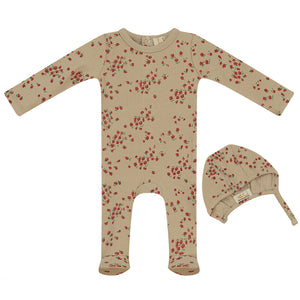 Fragile Beige Rose Print Stretchie and Bonnet