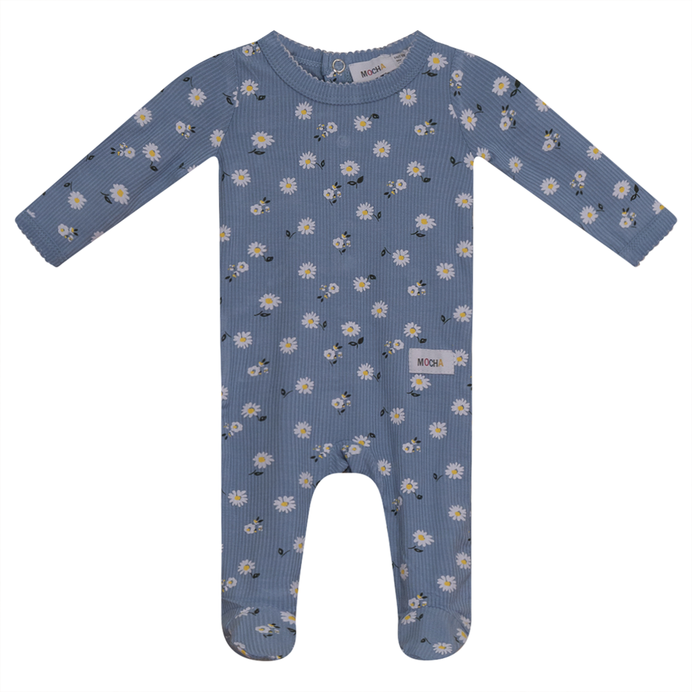 Mocha Denim Sunflower With White Scallop Stitch Ribbed Stretchie