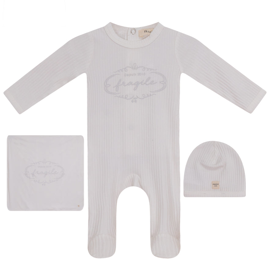 Fragile White Puff Print Layette Set