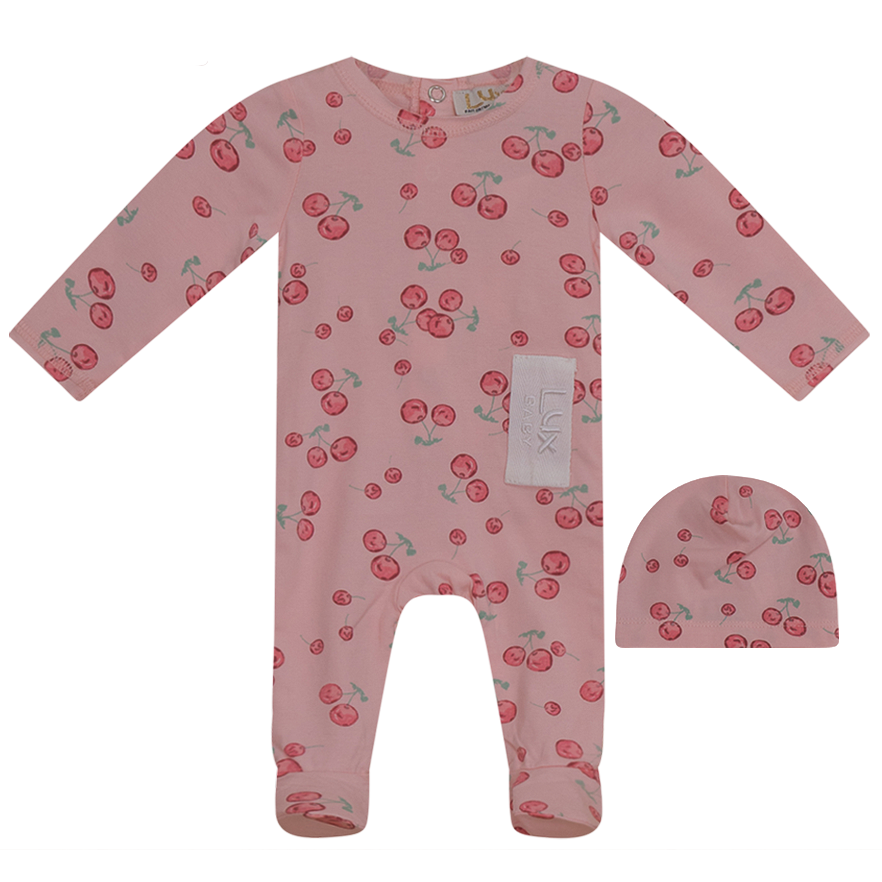 Lux Pink Cherry Printed Stretchie and Beanie