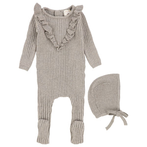 Analogie by Lil Legs Taupe Knit Ruffle Stretchie and Bonnet