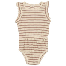 Load image into Gallery viewer, Analogie by Lil Legs Tan Stripe Girls Terry Ruffle Romper
