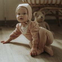 Load image into Gallery viewer, Bee &amp; Dee Petal Pink Eyelet Velour Collection Stretchie and Bonnet
