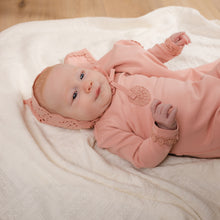 Load image into Gallery viewer, Mabel Bebe Tea Rose Eyelet Stretchie and Bonnet
