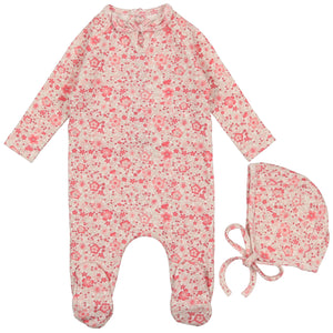 Bee & Dee Powder Pink Cotton Print Collection Stretchie and Bonnet