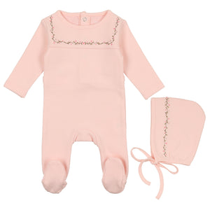 Bee & Dee Petal Pink Embroidered Linen Pointelle Collection Stretchie and Bonnet