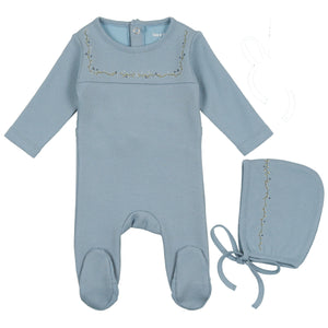 Bee & Dee Sea Blue Embroidered Linen Pointelle Collection Stretchie and Bonnet