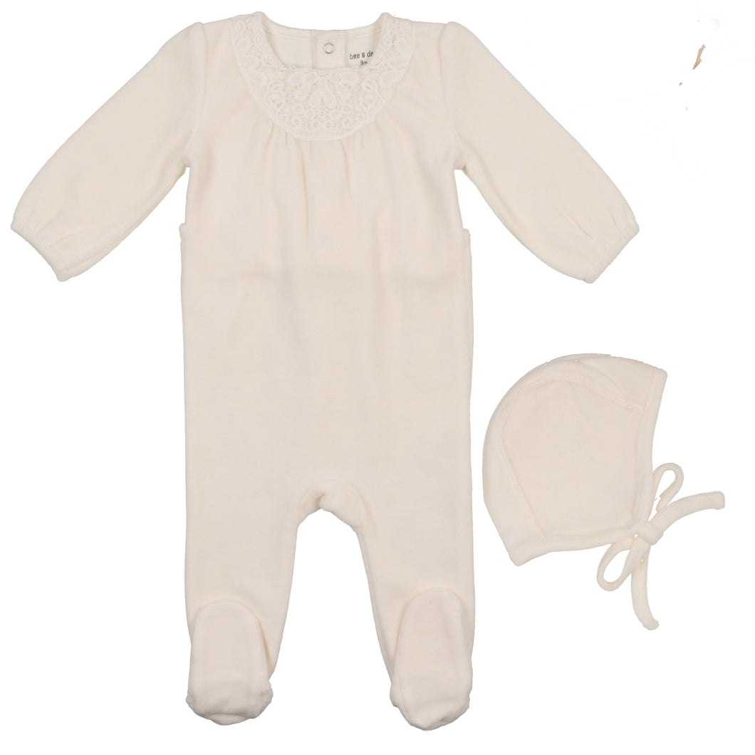 Bee & Dee Ivory Eyelet Velour Collection Stretchie and Bonnet