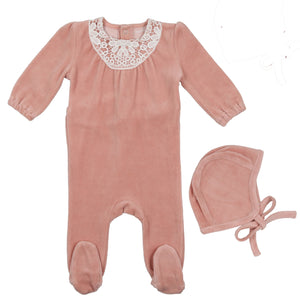 Bee & Dee Petal Pink Eyelet Velour Collection Stretchie and Bonnet