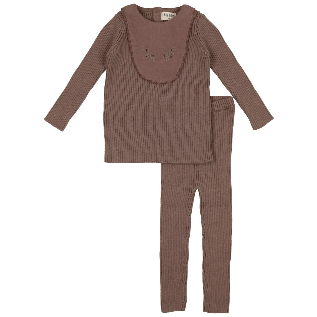 Bee & Dee Coffee Knit Embroidered Bib Outfit