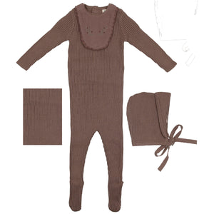 Bee & Dee Coffee Knit Embroidered Bib Collection Knit Set