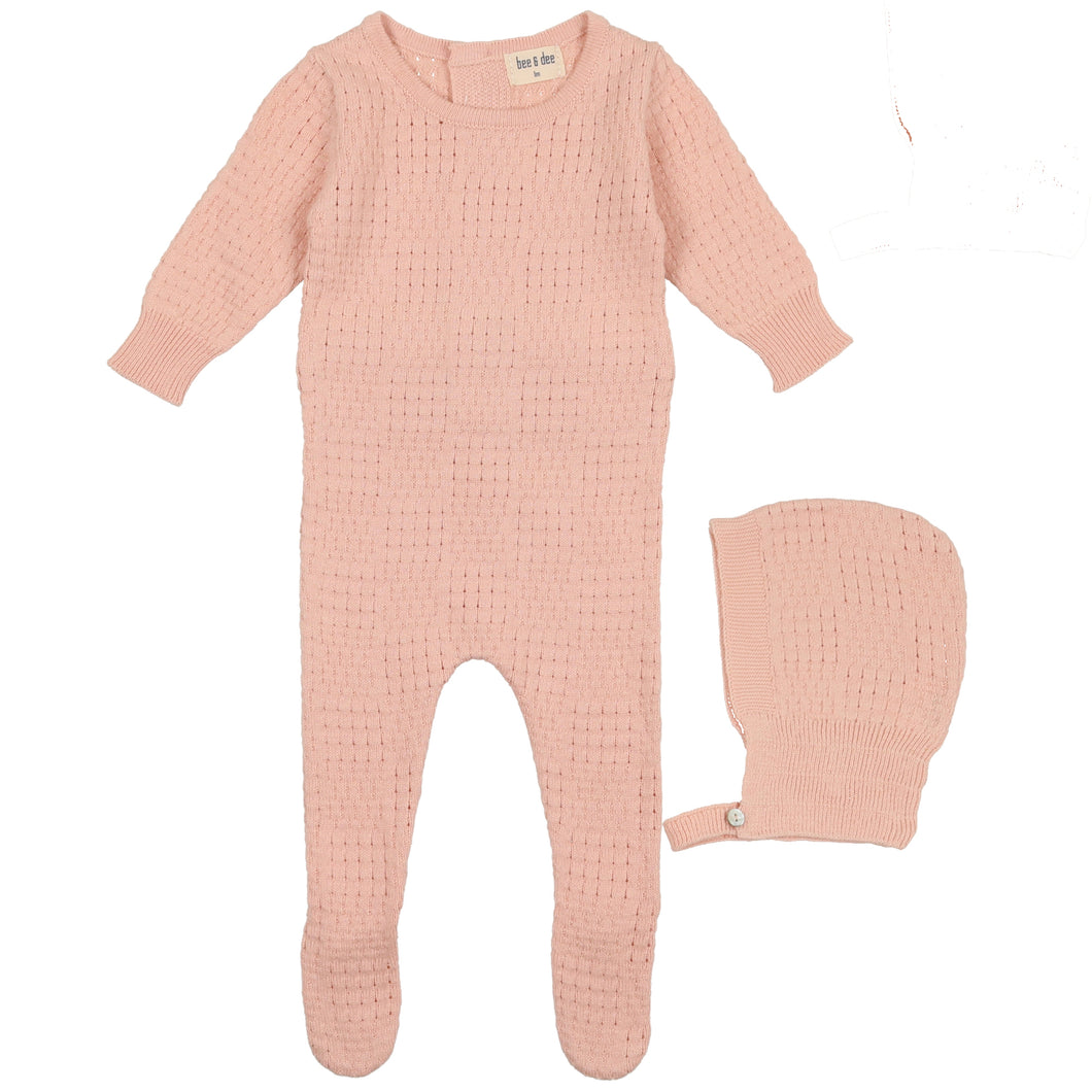 Bee & Dee Sugar Pink Knit Pointelle Collection Stretchie and Bonnet