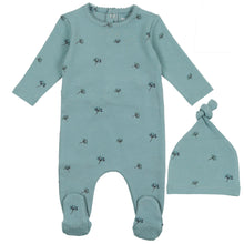 Load image into Gallery viewer, Bee &amp; Dee Mid Blue with Blue Buds Print Collection Stretchie and Beanie
