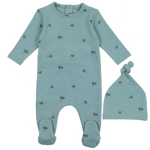 Bee & Dee Mid Blue with Blue Buds Print Collection Stretchie and Beanie