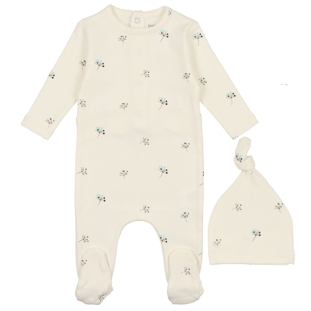 Bee & Dee Ivory with Blue Buds Print Collection Stretchie and Beanie