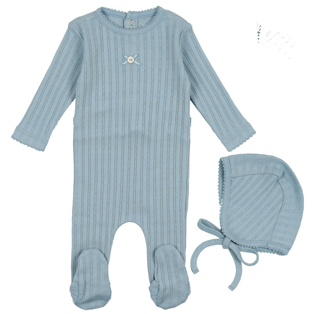 Bee & Dee Blue Fog Pointelle Collection Stretchie and Bonnet