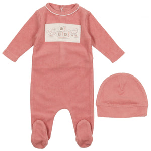 Bee & Dee Ditsy Pink Terry with Center Print Collection Stretchie and Beanie