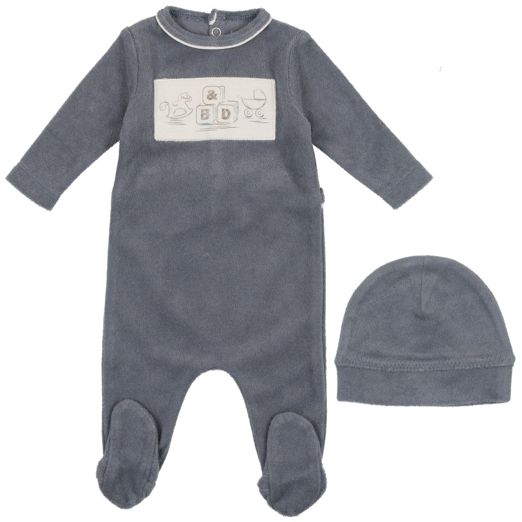 Bee & Dee Stone Blue Terry with Center Print Collection Stretchie and Beanie