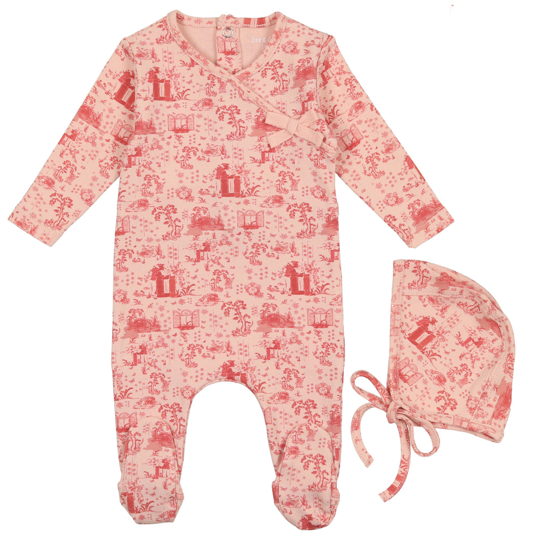 Bee & Dee Medium Pink Toile Collection Stretchie and Bonnet